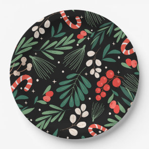 Black floral christmas  paper plate