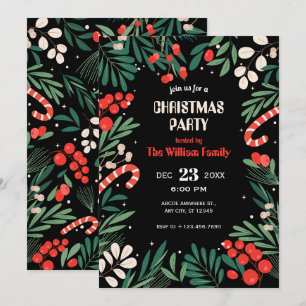 Black floral christmas party invitation