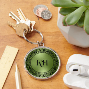 Black Floral Circle Iridescent Green Texture Key Ring