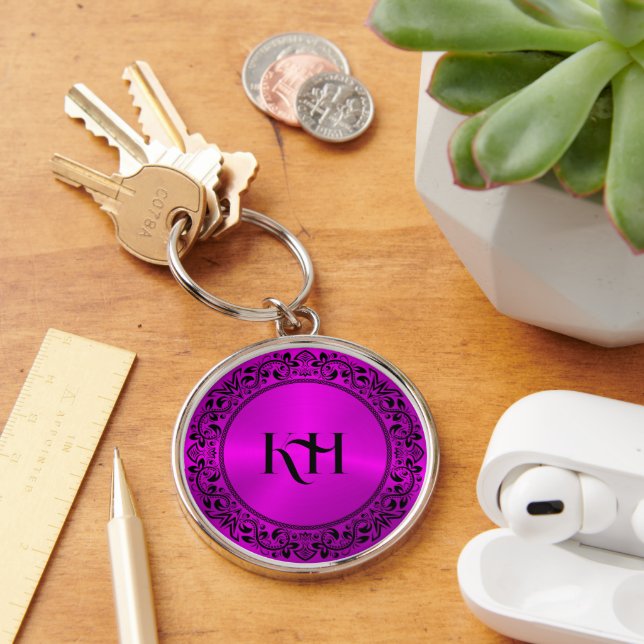 Black Floral Circle Metallic Pink Background Key Ring (Desk)