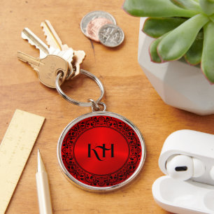 Black Floral Circle Metallic Red Background Key Ring