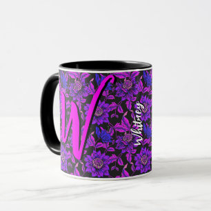 Black Floral Coffee Mug with Pink Purple Flowers