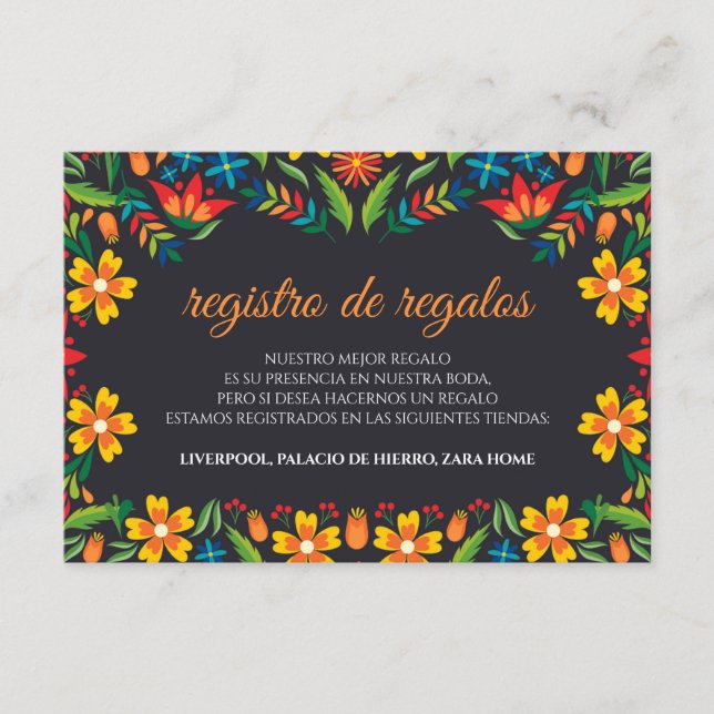 Black Floral Colorful Botanical Spanish Wedding Enclosure Card (Front)