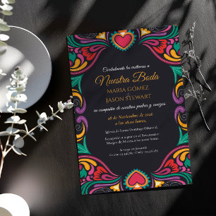 Black Floral Colourful Fiesta Boda Spanish Wedding Invitation