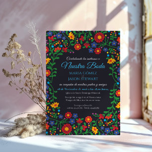 Black Floral Colourful Folk Art Spanish Wedding Invitation