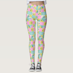 black Floral colourful Pastel chequerboard pattern Leggings