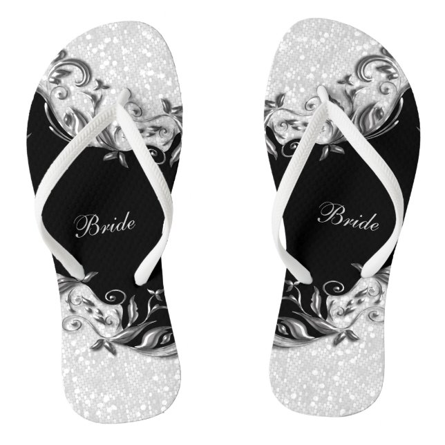 Black Floral & Confetti Glitter | Wedding Flip Flops (Footbed)