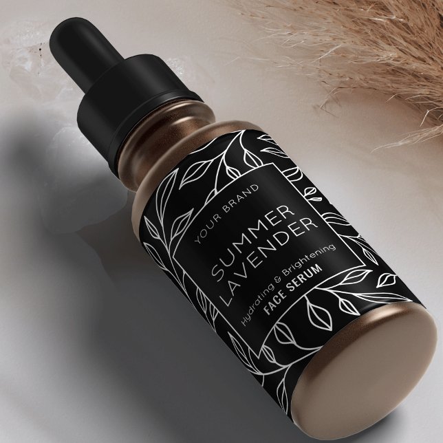 Black Floral Cosmetic 2 OZ Dropper Bottle Label (Elegant black and white floral cosmo bottle wraparound label for 2 OZ dropper bottles *verify size*)