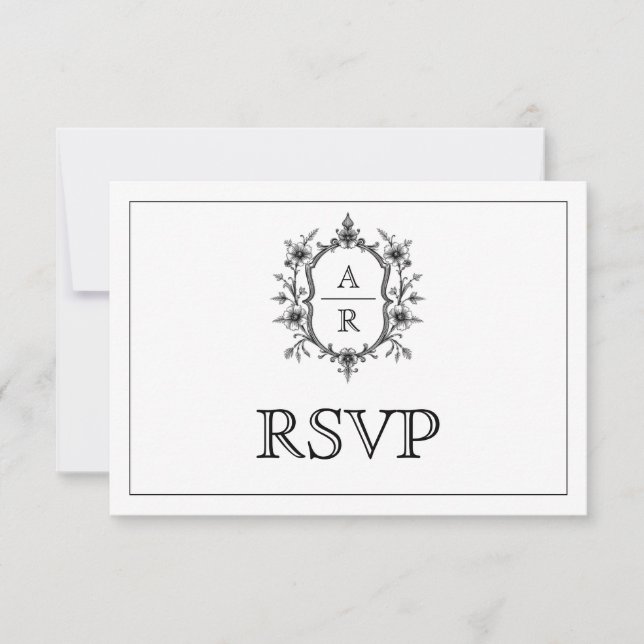 Black floral crest monogram QR code wedding RSVP Card (Front)