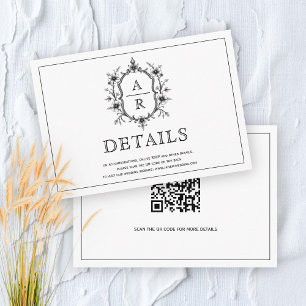 Black floral crest monogram wedding details enclosure card
