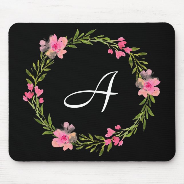 Black Floral Custom Monogram Mousepad (Front)