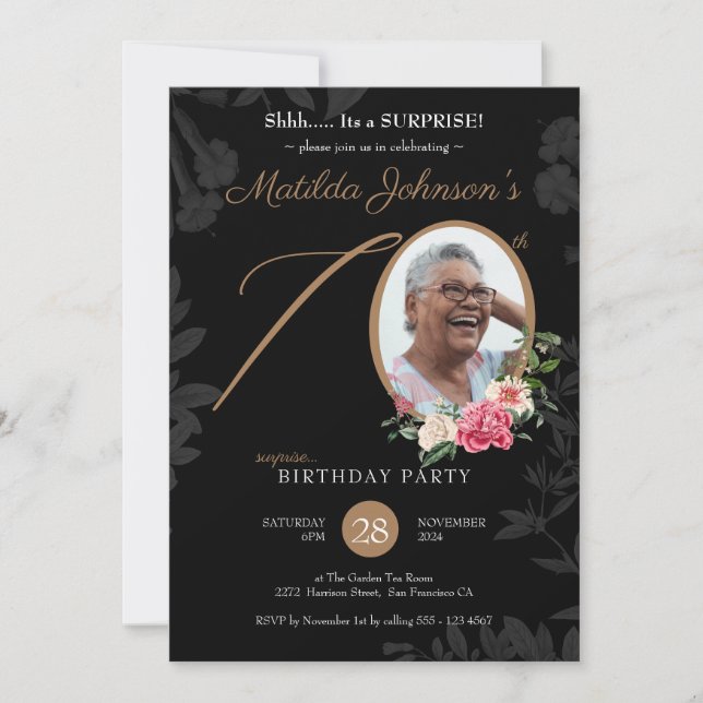 Black Floral Custom Photo Surprise 70th Birthday  Invitation (Front)