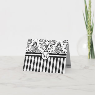 Black Floral Damask and Stripes-Monogram Note Card