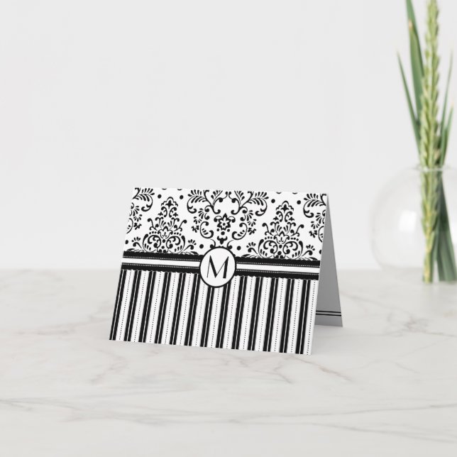 Black Floral Damask and Stripes-Monogram Note Card (Front)