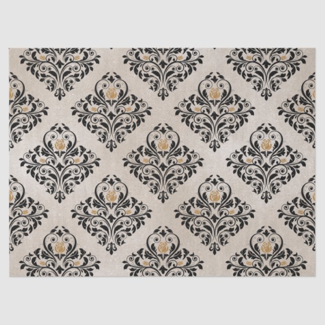 Black Floral Damask on Tan Decoupage Tissue Paper (Front)