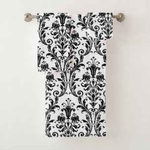 Black Floral Damask On White Bath Towel Set