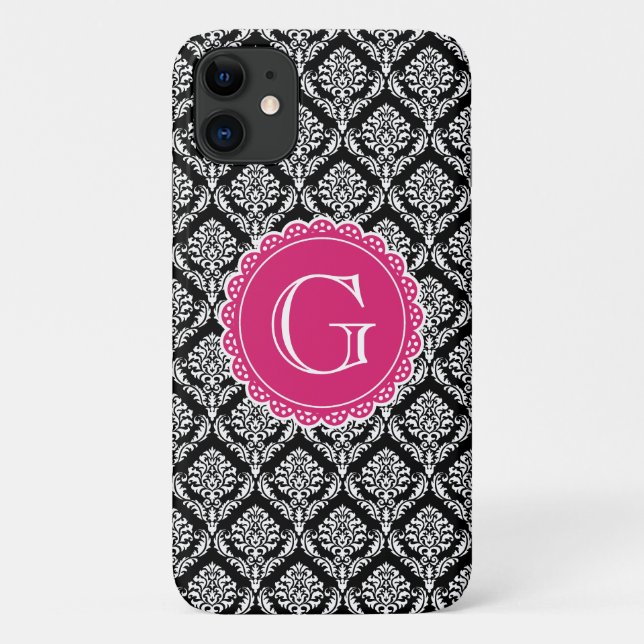 Black Floral Damask Pattern Hot Pink Monogram Case-Mate iPhone Case (Back)