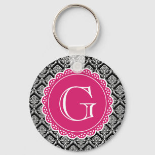 Black Floral Damask Pattern Hot Pink Monogram Key Ring