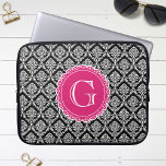 Black Floral Damask Pattern Hot Pink Monogram Laptop Sleeve<br><div class="desc">A trendy,  modern,  girly,  floral damask pattern in black and white with a hot pink lace inspired monogram template.</div>