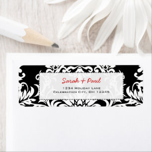 Black Floral Damask Red Font Return Address Label