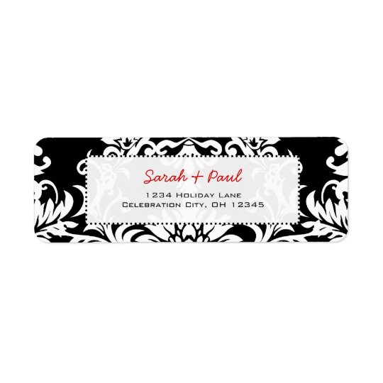 Black Floral Damask Red Font Return Address Label