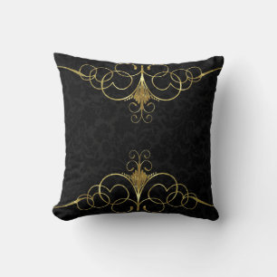 Black Floral Damasks & Gold Swirly Frame Cushion