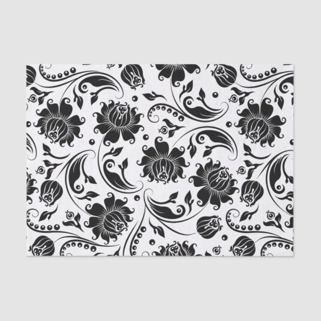 Black  Floral Damasks Pattern White Background Tissue Paper (Front)