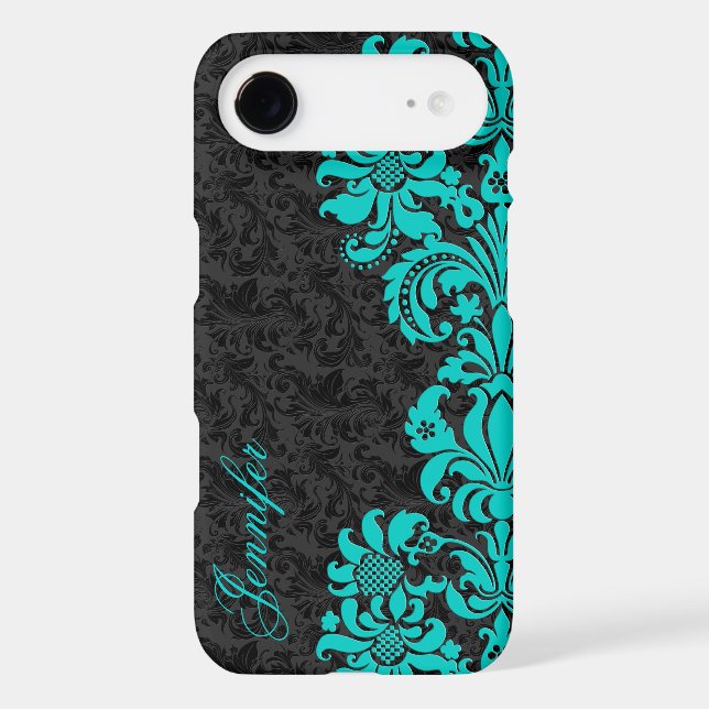 Black Floral Damasks With Blue-Green Lace Case-Mate iPhone Case (Back)