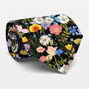 Black Floral Dark Wildflower Botanical Groomsmen Tie