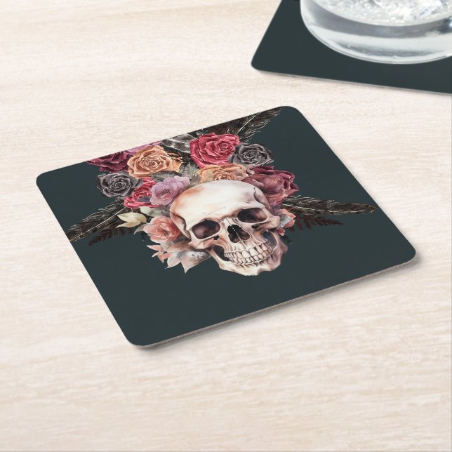 Black floral death, gothic birthday napkins square paper coaster (Angled)