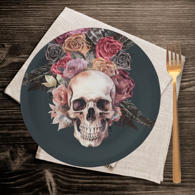 Black floral death, gothic birthday  paper plate (Creator Uploaded)