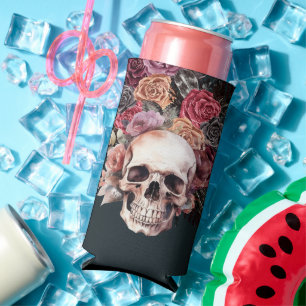 Black floral death, gothic birthday  seltzer can cooler