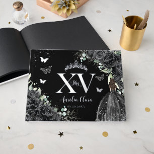 Black Floral Dress Butterflies Silver Quinceañera  Guest Book