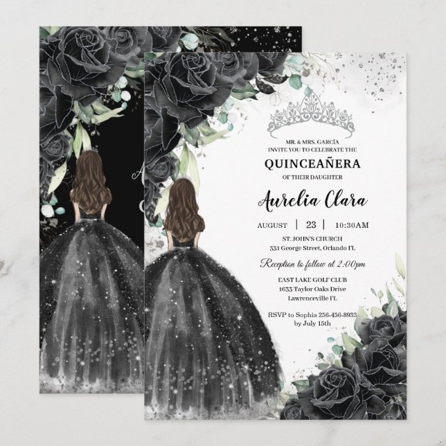 Black Floral Dress Silver Quinceañera Sweet 16 XV Invitation (Front/Back)