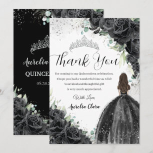 Black Floral Dress Silver Quinceañera Sweet 16 XV Thank You Card