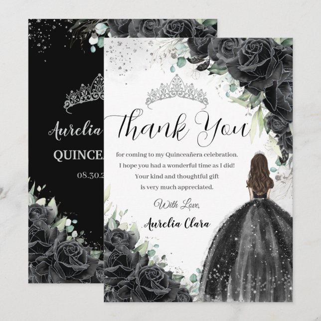 Black Floral Dress Silver Quinceañera Sweet 16 XV Thank You Card (Front/Back)