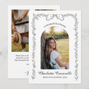 Black Floral Elegant Frame Photo Graduation  Invitation