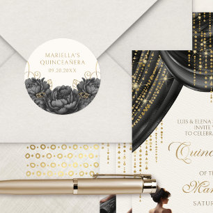 Black Floral Elegant Quinceanera Classic Round Sticker