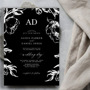 Black floral elegant wedding invitation