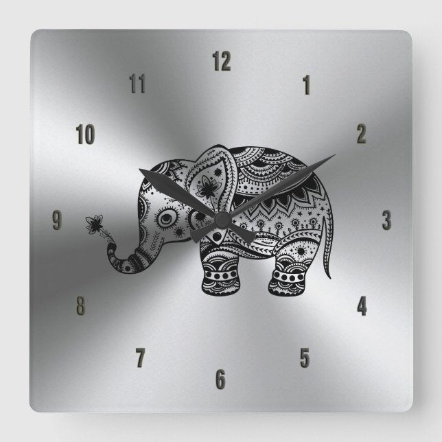 Black Floral Elephant Metallic Silver Square Wall Clock (Front)