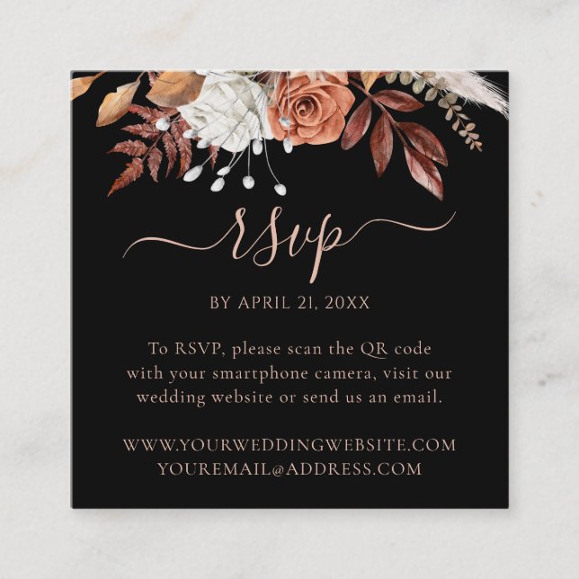 Black Floral Fall Wedding Website QR Code RSVP Enclosure Card (Front)