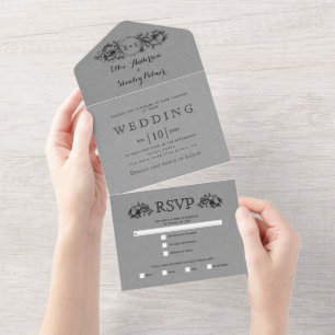 Black floral frame grey kraft paper wedding all in one invitation