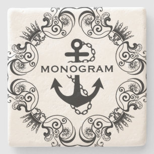 Black Floral Frame & Nautical Anchor Monogramed Stone Coaster