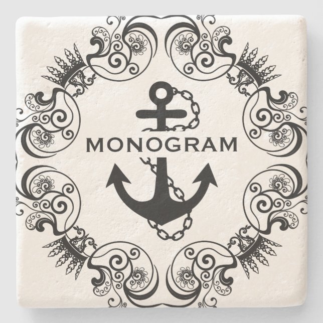 Black Floral Frame & Nautical Anchor Monogramed Stone Coaster (Front)