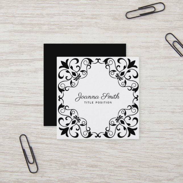 Black Floral Frame Square Business Card (Front/Back In Situ)