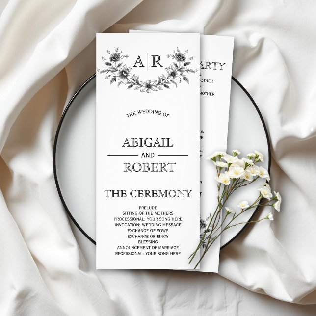 Black floral frame with monogram wedding program rack card (Creator Uploaded)