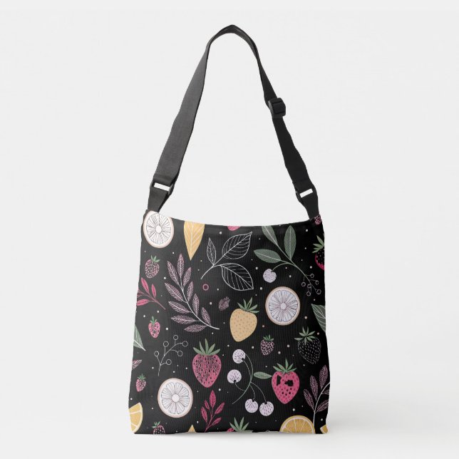 “Black Floral Fruit Pattern Tote Bag” (Front)