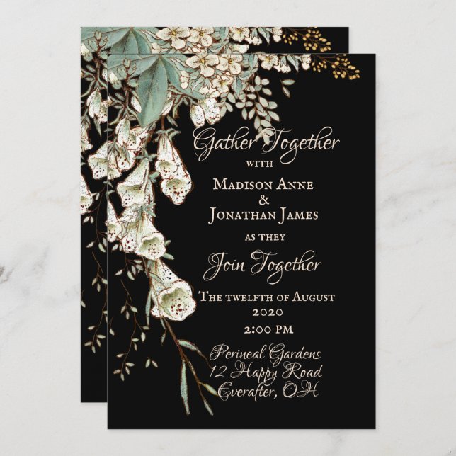 Black Floral Garland Script Elegant Wedding Invitation (Front/Back)