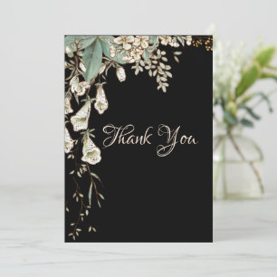 Black Floral Garland Script Elegant Wedding Thank You Card