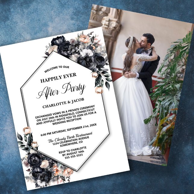 Black Floral Geometric Photo Wedding Reception Invitation (Creator Uploaded)